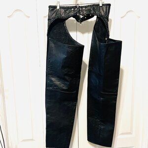 Hot Leathers Braided Black Leather Riding Chaps-Motorcycle-Large-Unhemmed-Unisex